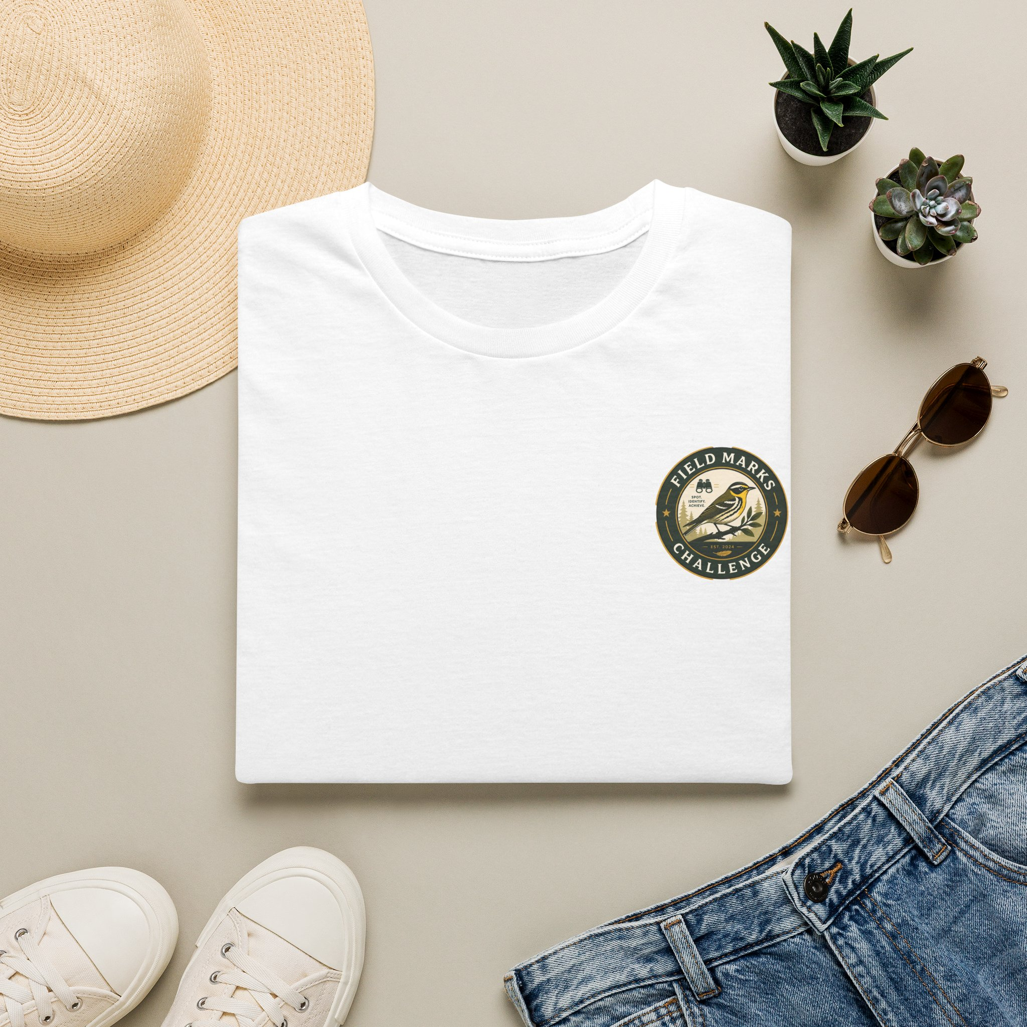 Field Marks Challenge Logo Tee — Birding Adventure Patch T-Shirt